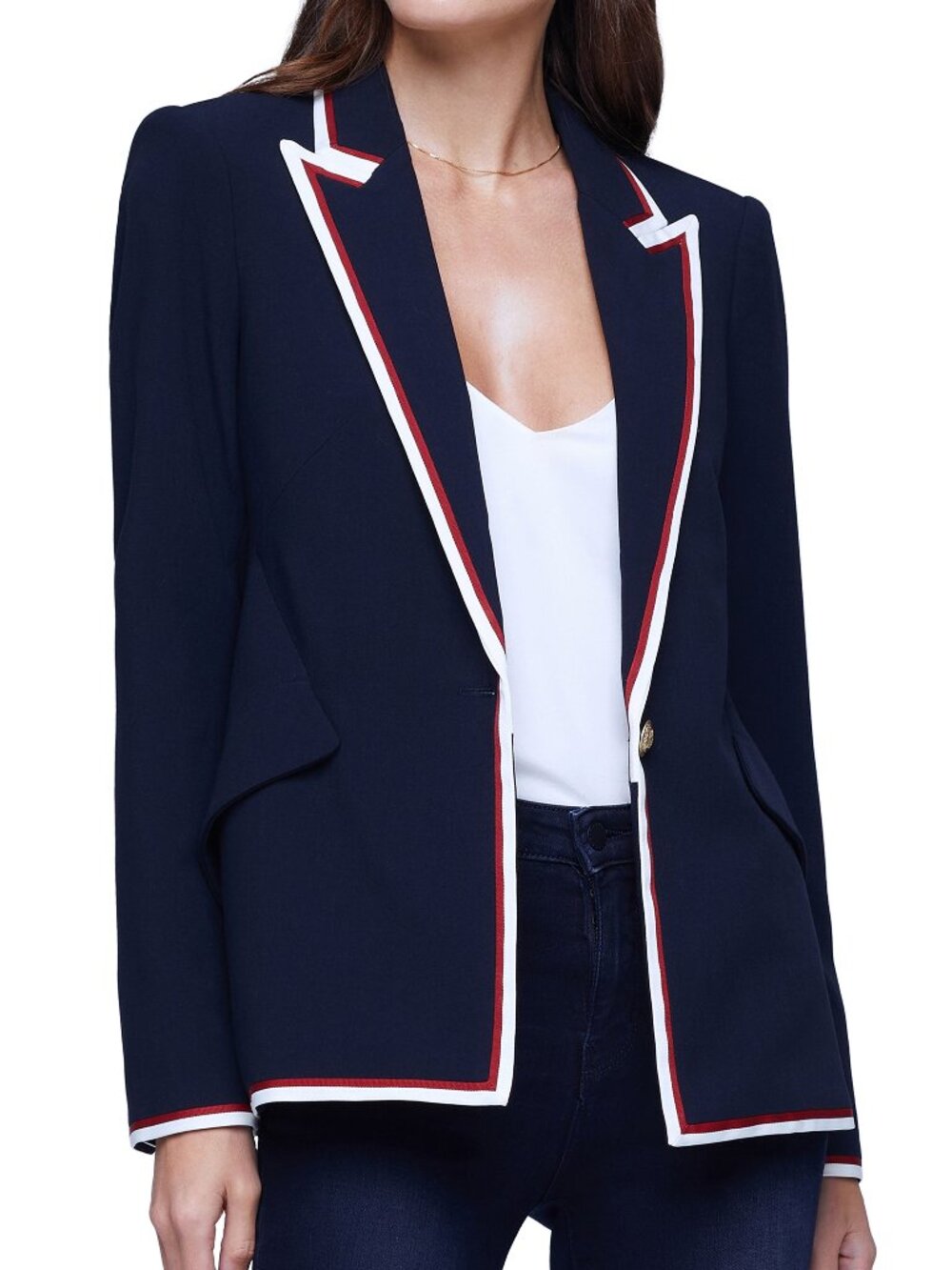 L'AGENCE Chamberlain Stripe Trim Blazer in Midnight/Even Stripe unworn